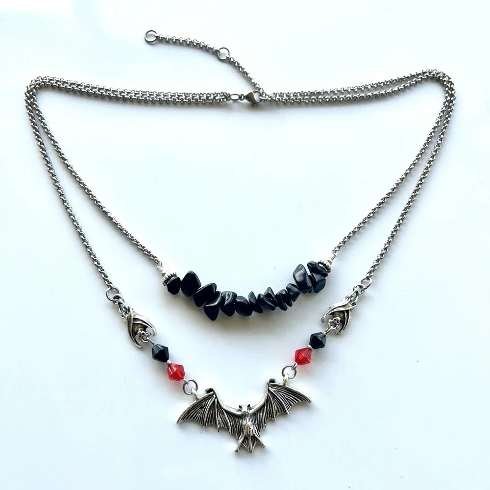 Silver Bat choker necklace . Double layer onyx chips & bats Handmade goth boho_12